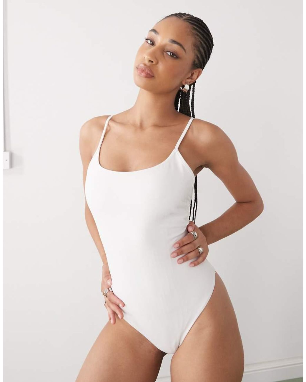 Monki White Scoop Neck High Leg Swimsuit