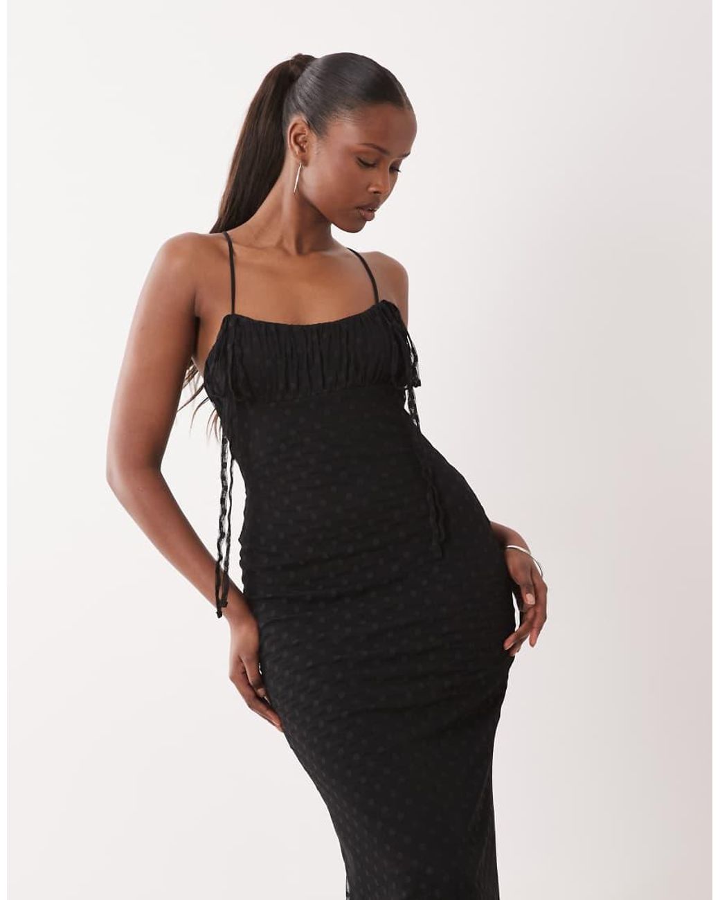 ASOS Black Midi Length Dobby Mesh Slip Dress With Ruched Bust And Peek A Boo Hem Detail