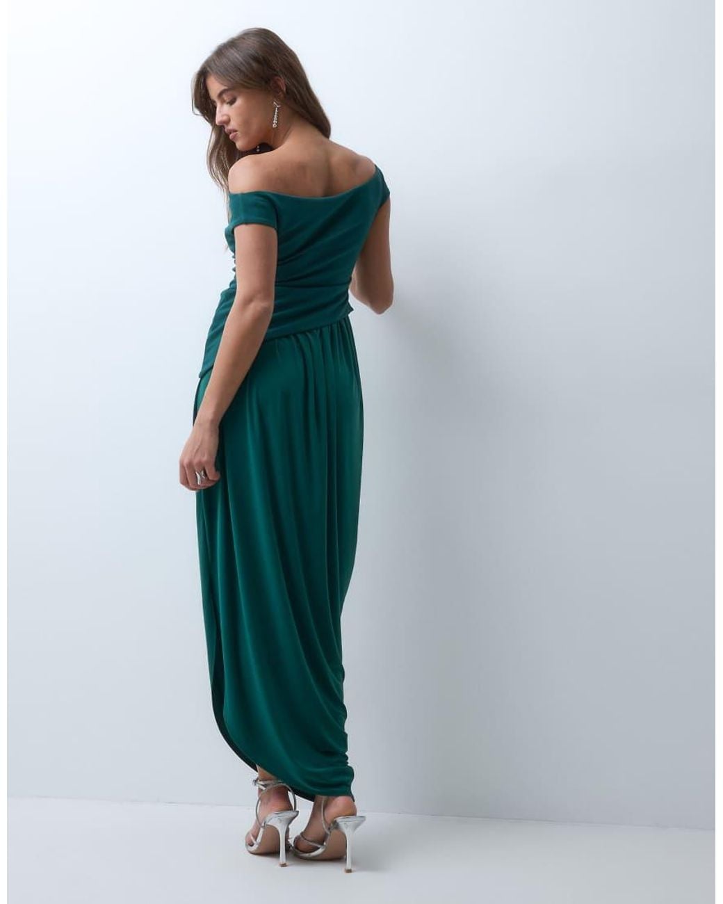 ASOS Green Off Shoulder Maxi Dress With Twisted Drape Skirt