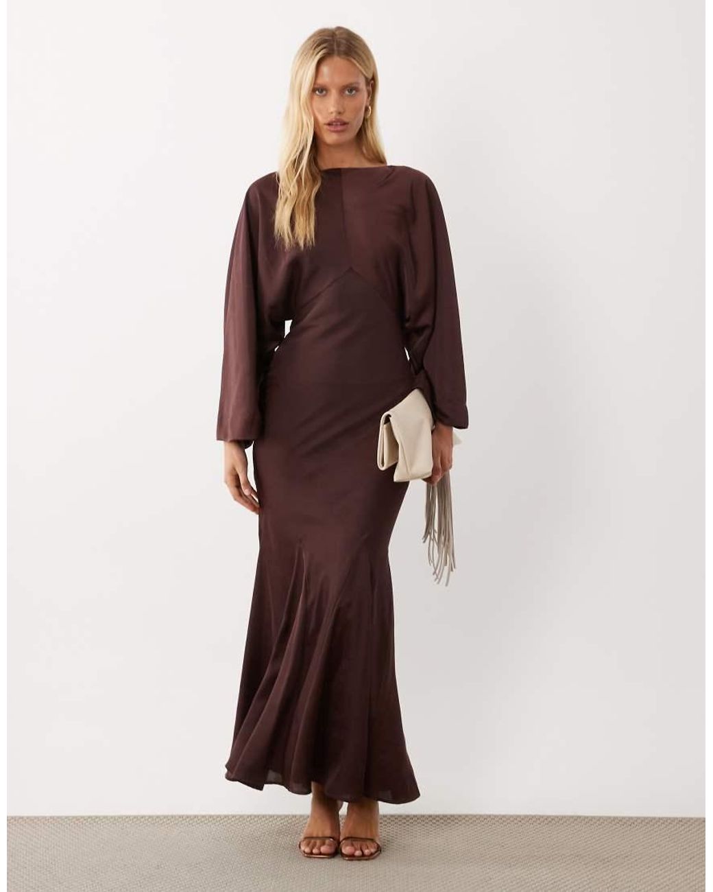 ASOS Brown Cape Kimono Sleeve Maxi Dress With Godets And Tassel Tie Detail