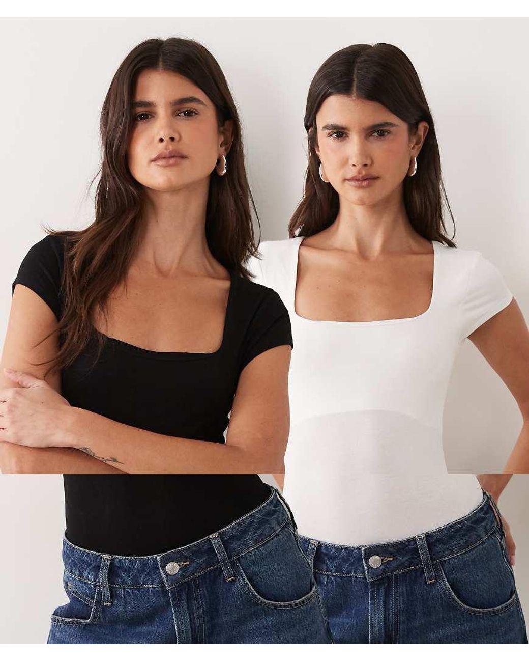Miss Selfridge Blue 2 Pack Cap Sleeve Square Neck Bodysuit