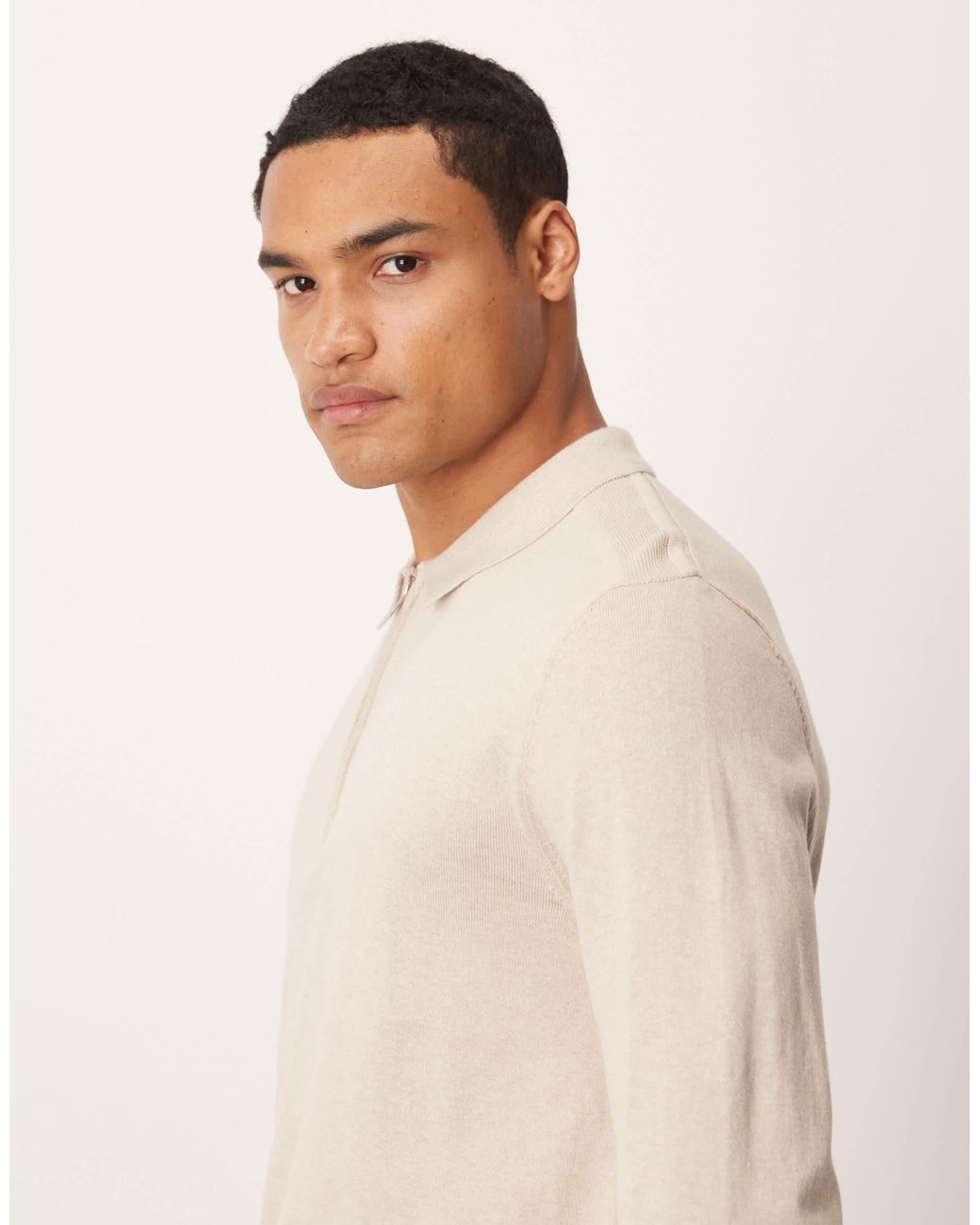 SELECTED Natural 100% Cotton Long Sleeve Half Zip Polo for men