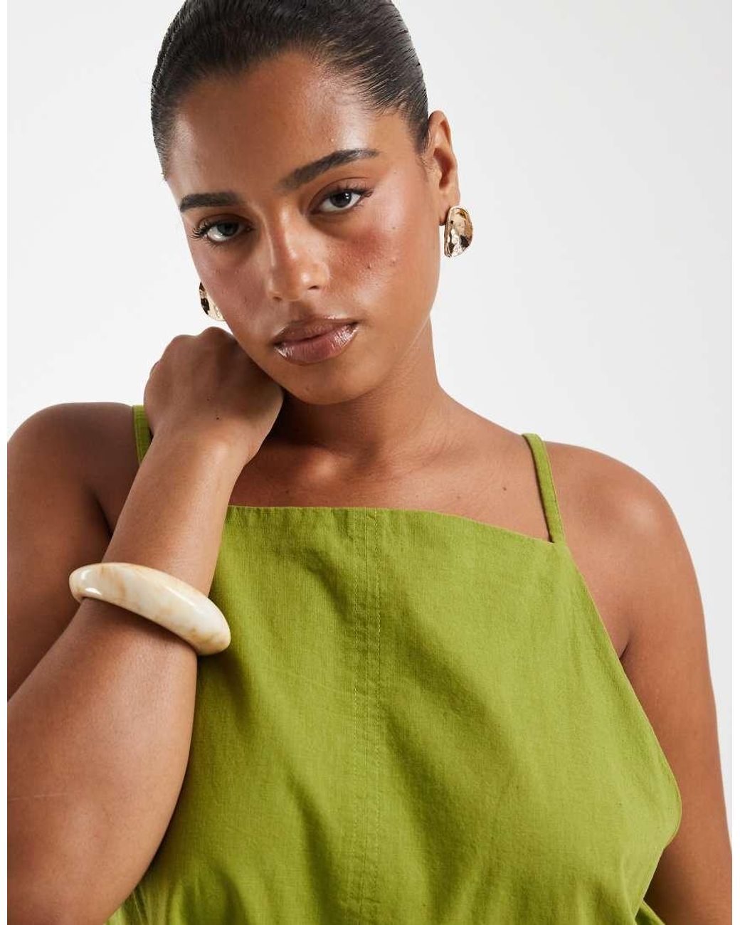 ASOS Green Asos Design Curve Cotton Linen Pinny Playsuit
