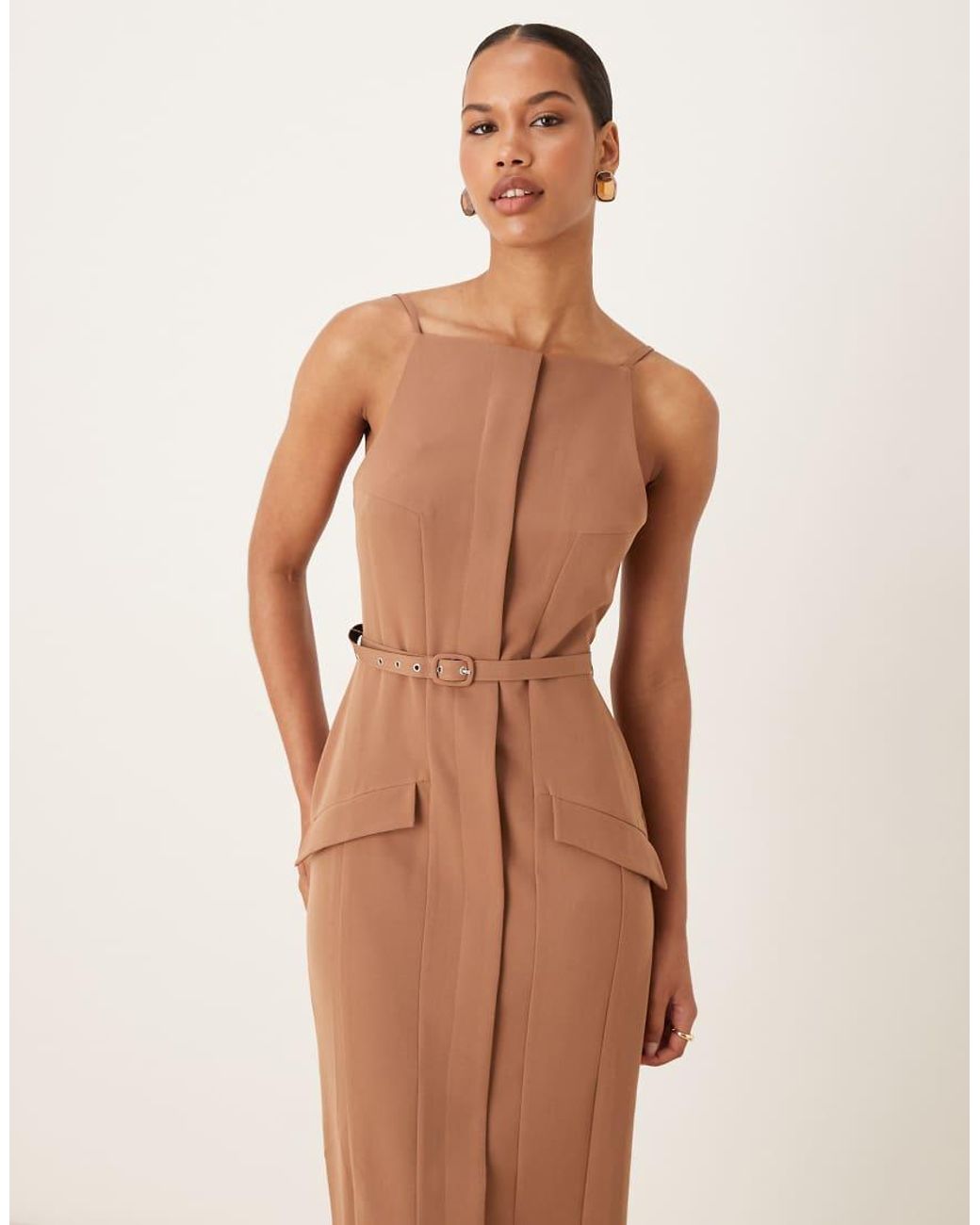 ASOS Natural Slash Neck Belted Midi Dress With Pockets