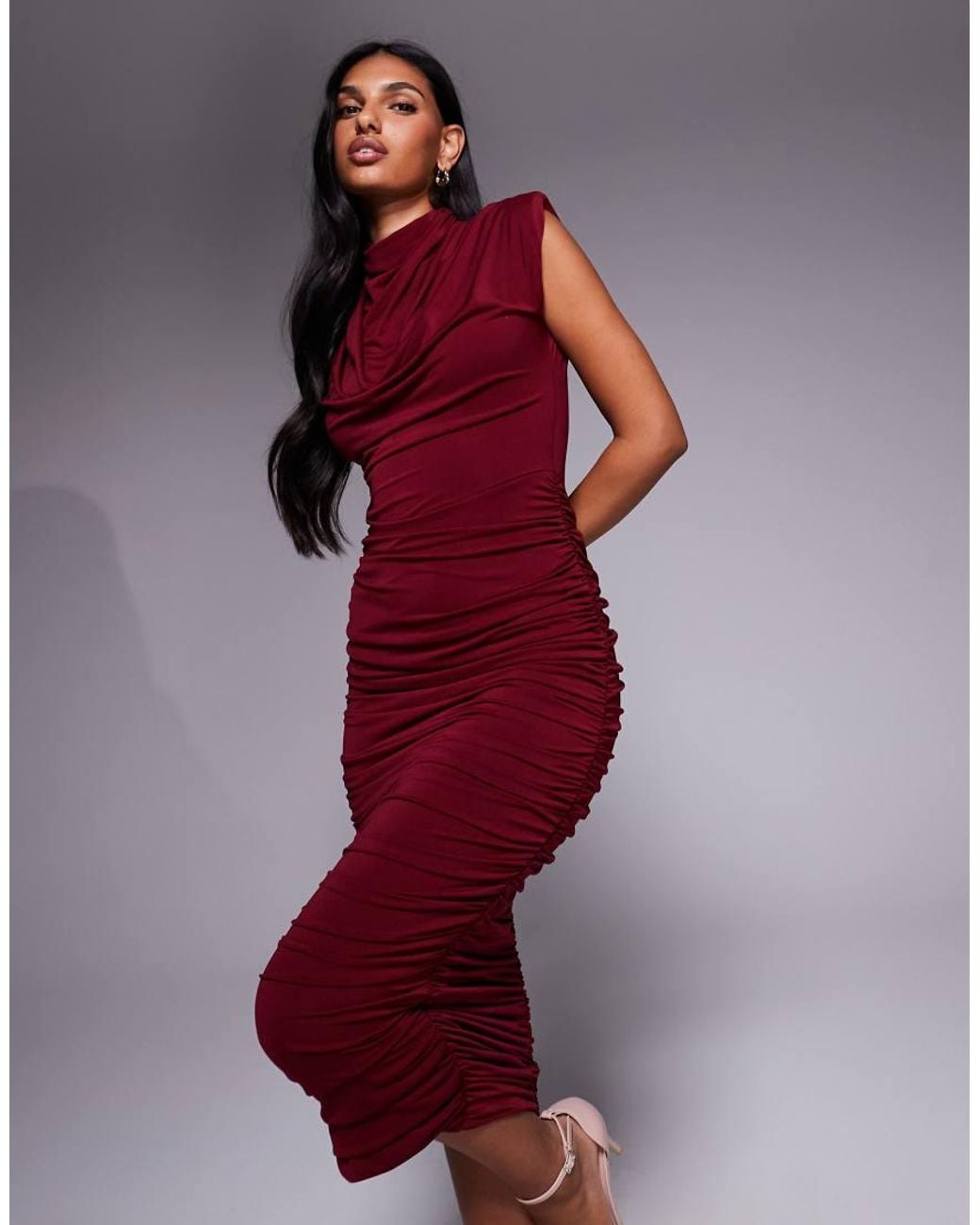 TFNC London Red High Neck Padded Shoulder Midi Dress