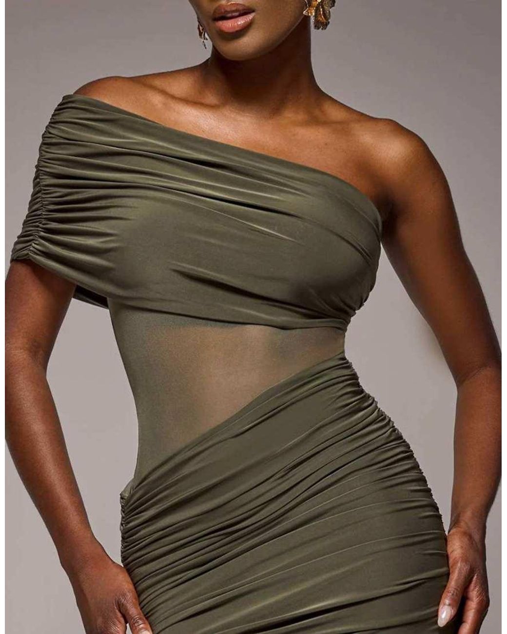 Goddiva Green Gathered One Shoulder Sheer Panel Maxi Dress