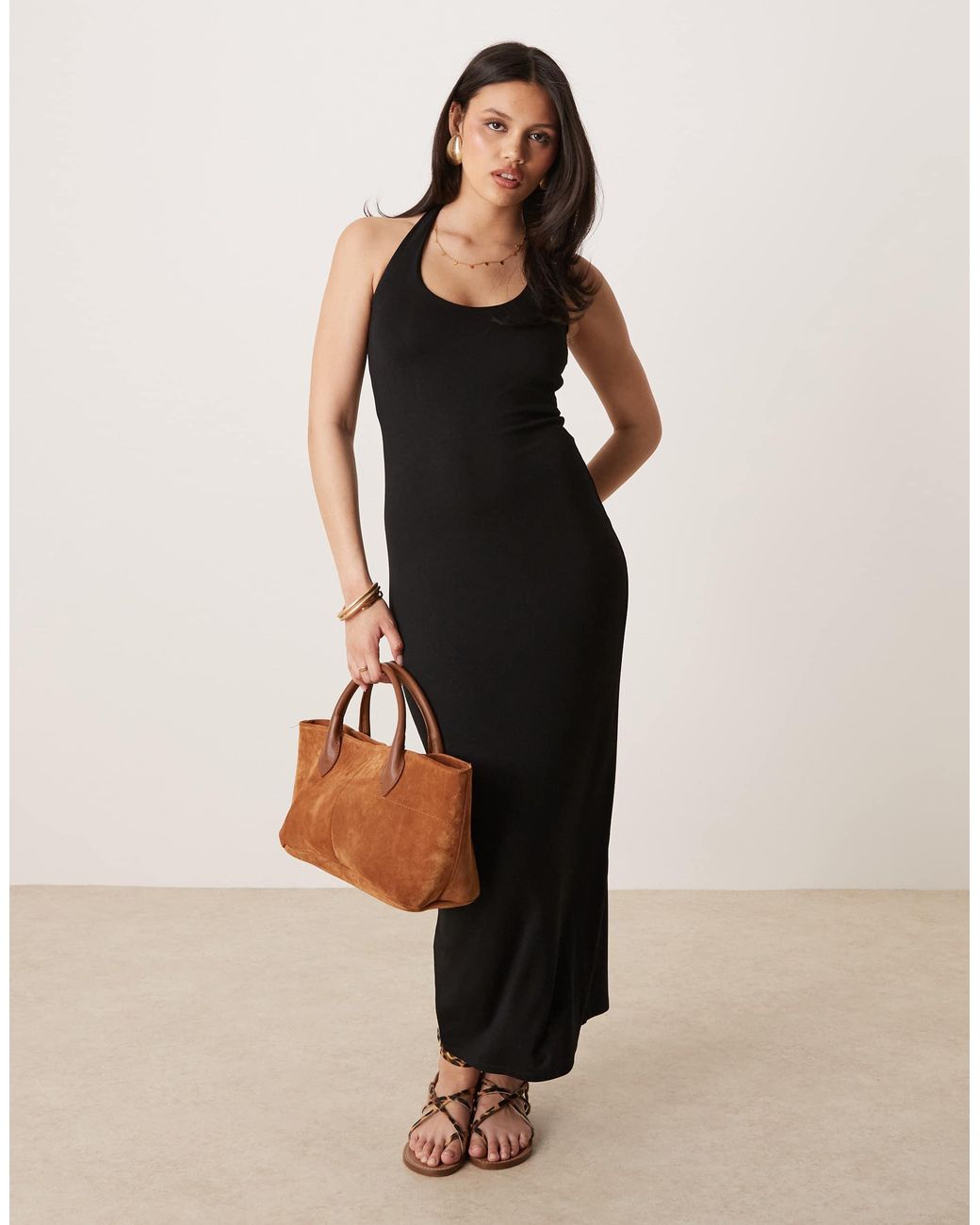 Gina Tricot Tie Up Backless Halterneck Midaxi Dress in Black | Lyst