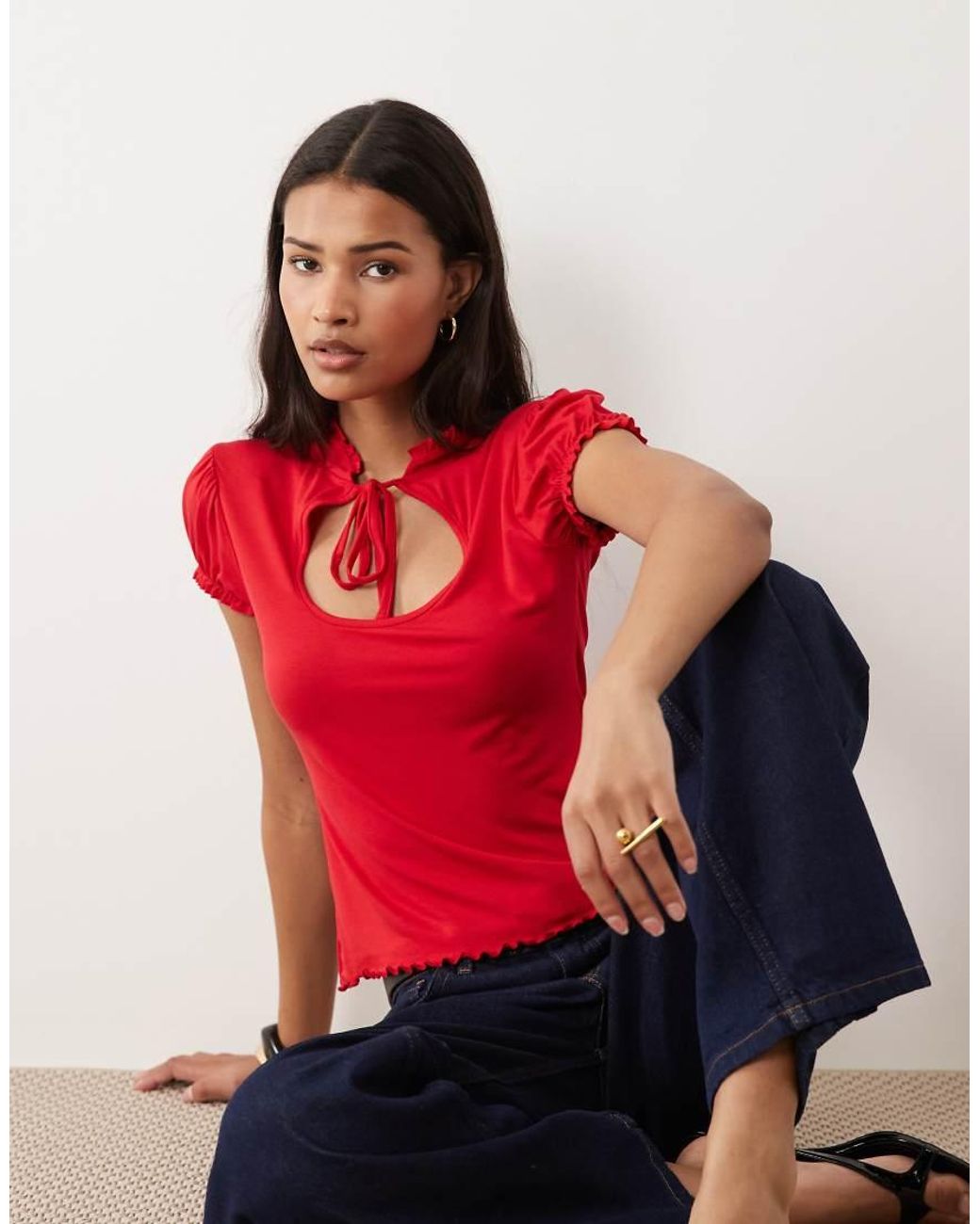 Miss Selfridge Red Cap Sleeve Keyhole Top