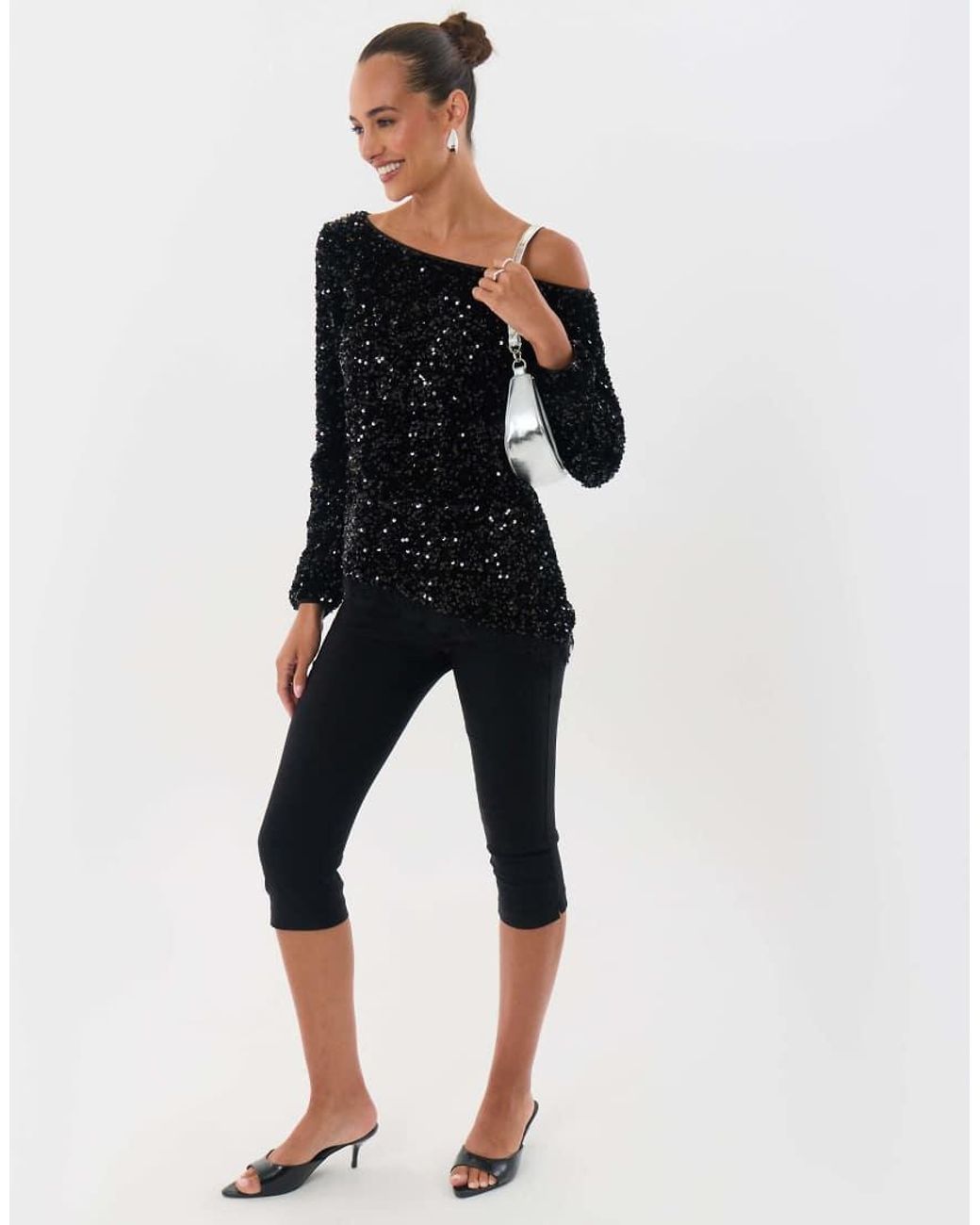 Threadbare Black Sequin Asymmetric Top