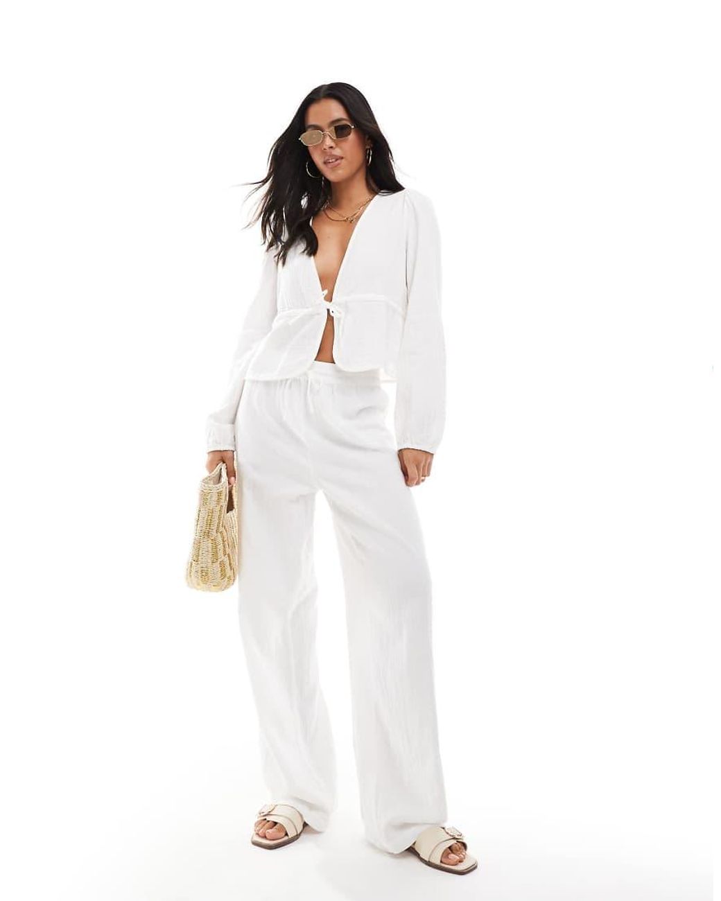 Pieces White Crinkle Cotton Tie Front Cropped Blouse Co-ord
