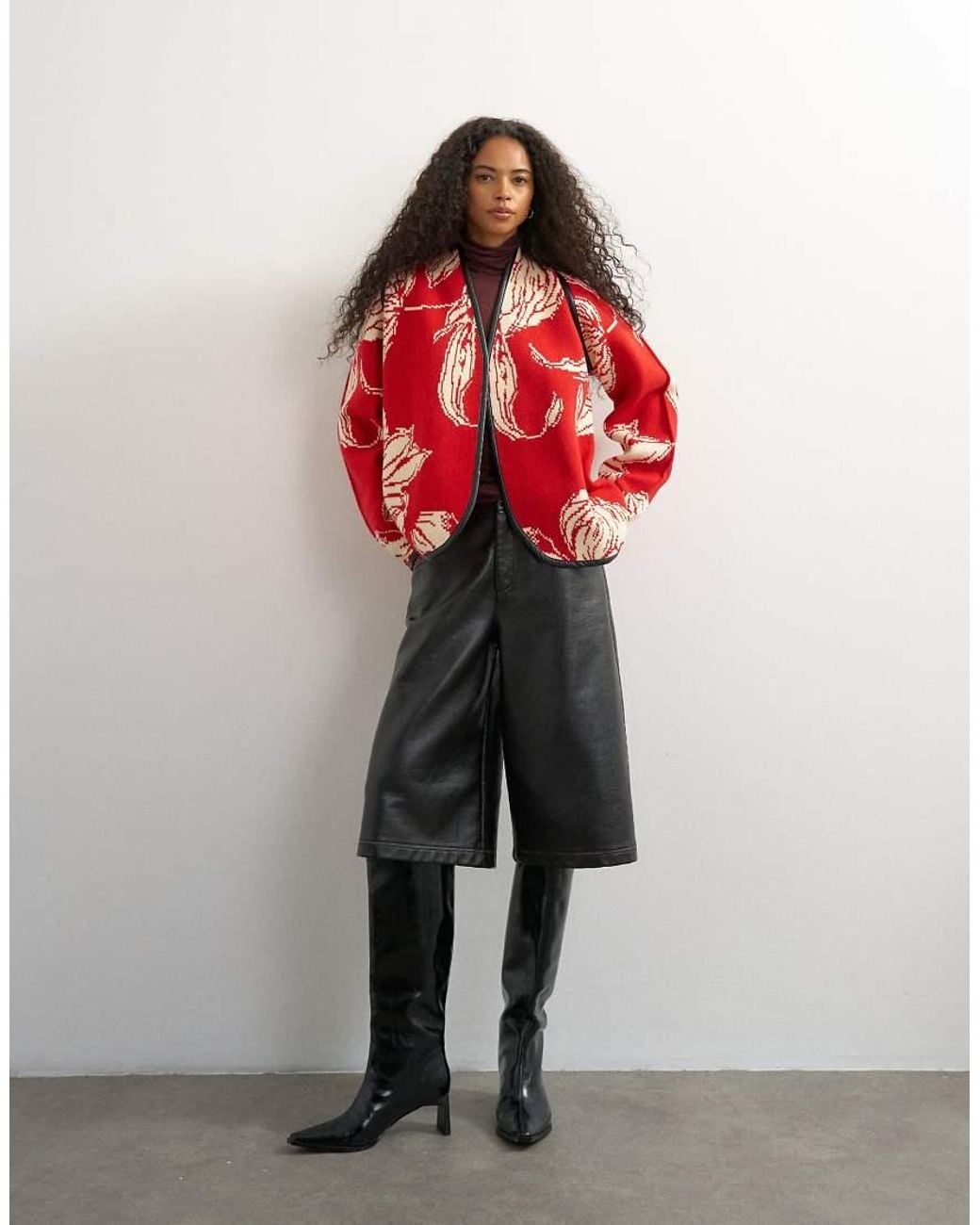 TOPSHOP Red Knitted Kimono Pu Trim Jacket