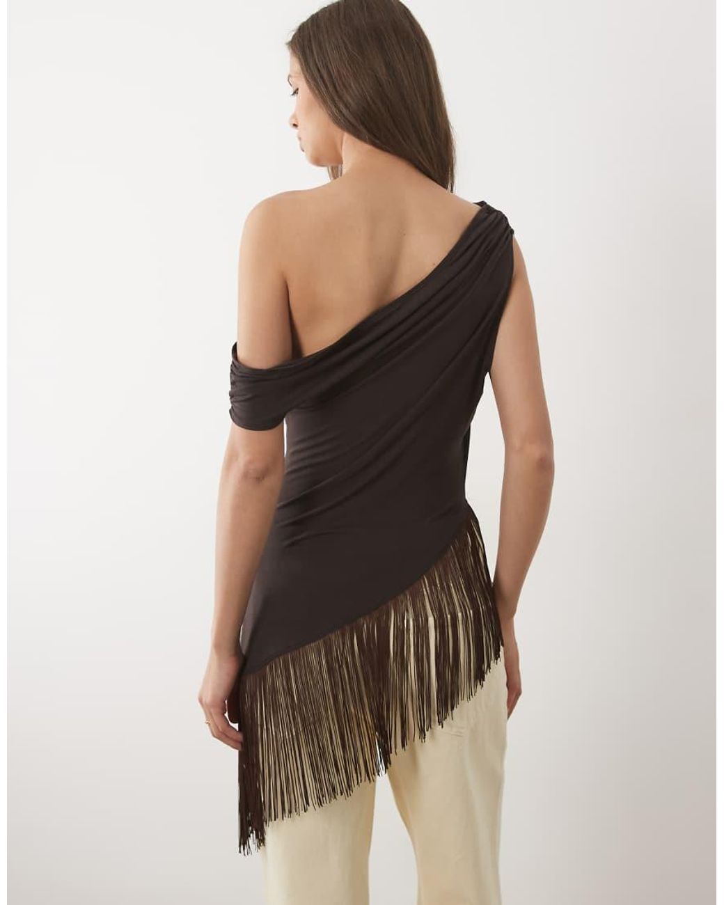 ASOS Natural Asymmetric Fallen Shoulder Top With Fringing Top