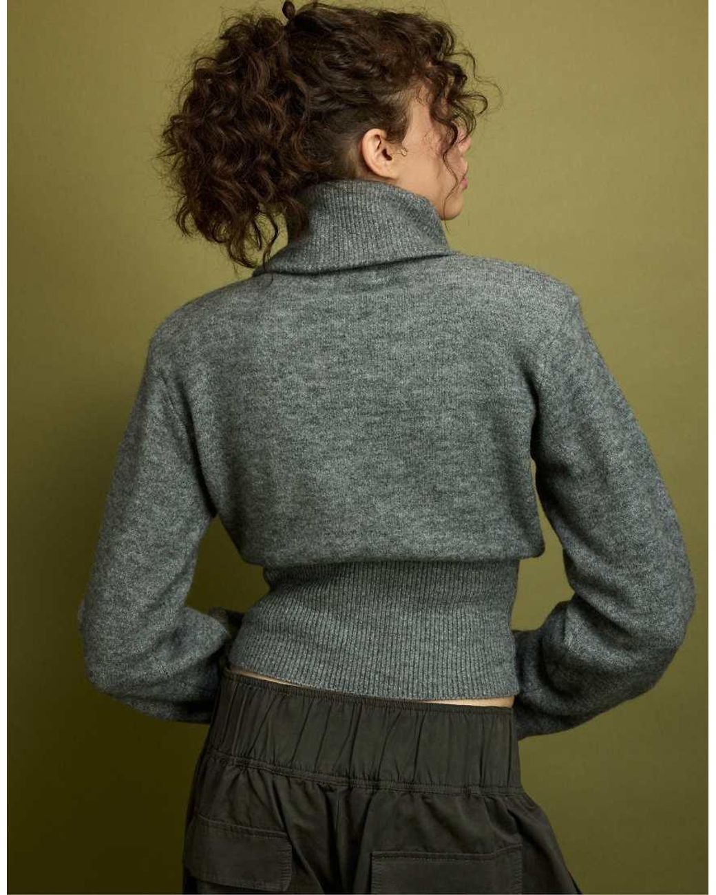 Stradivarius Green Knit Jumper With Padded Shoulders And Quarter-zip