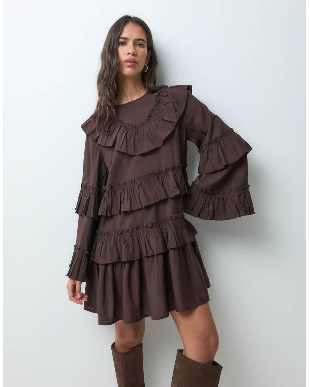 Y.A.S Brown Long Sleeve Tiered Ruffle Boho Mini Dress