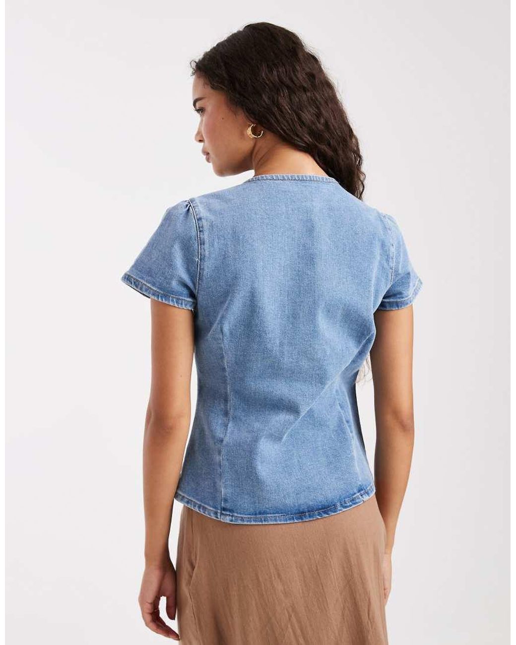 Miss Selfridge Blue Short Sleeve Denim Asym Top