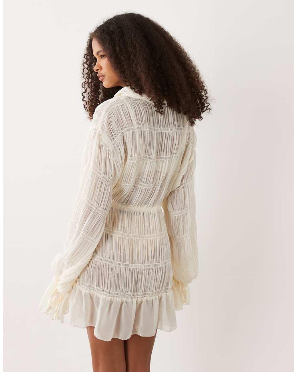 SNDY'S Natural Shirred Tie Sleeve Cinch Waist Detail Mini Dress