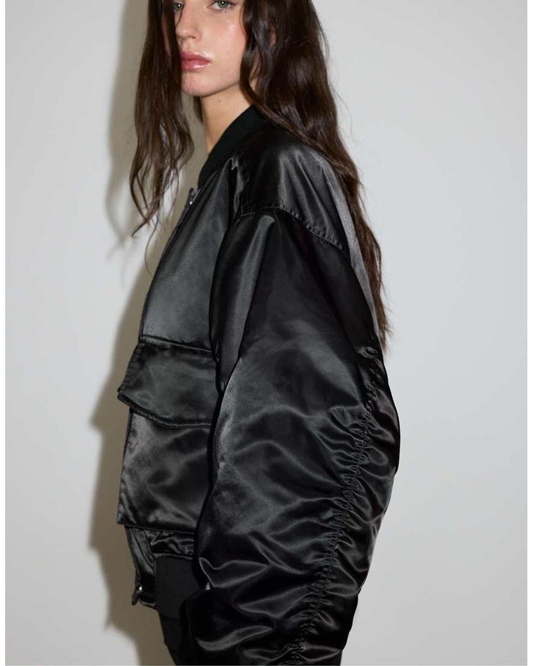 Stradivarius Black Oversize Satin Bomber Jacket