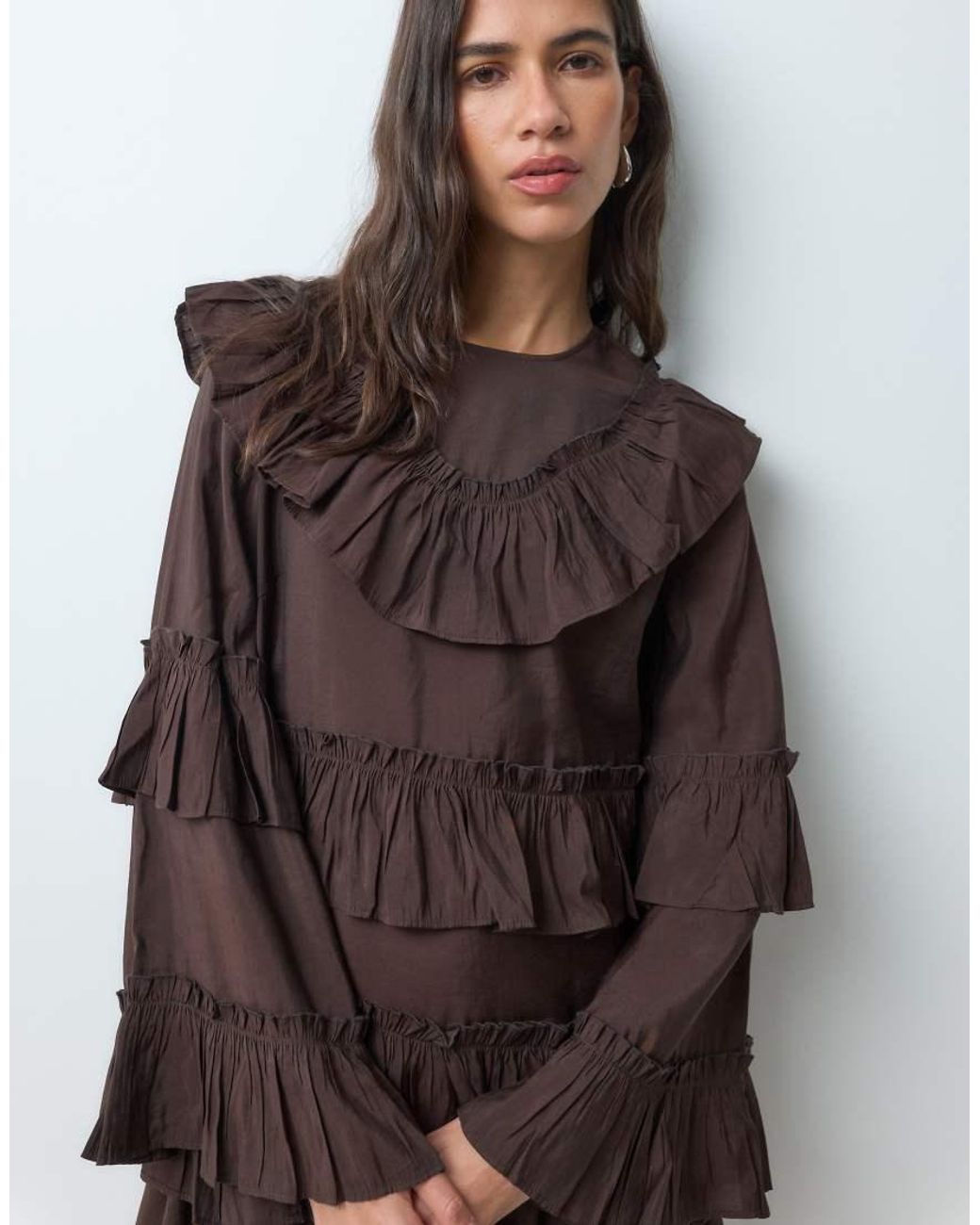 Y.A.S Brown Long Sleeve Tiered Ruffle Boho Mini Dress