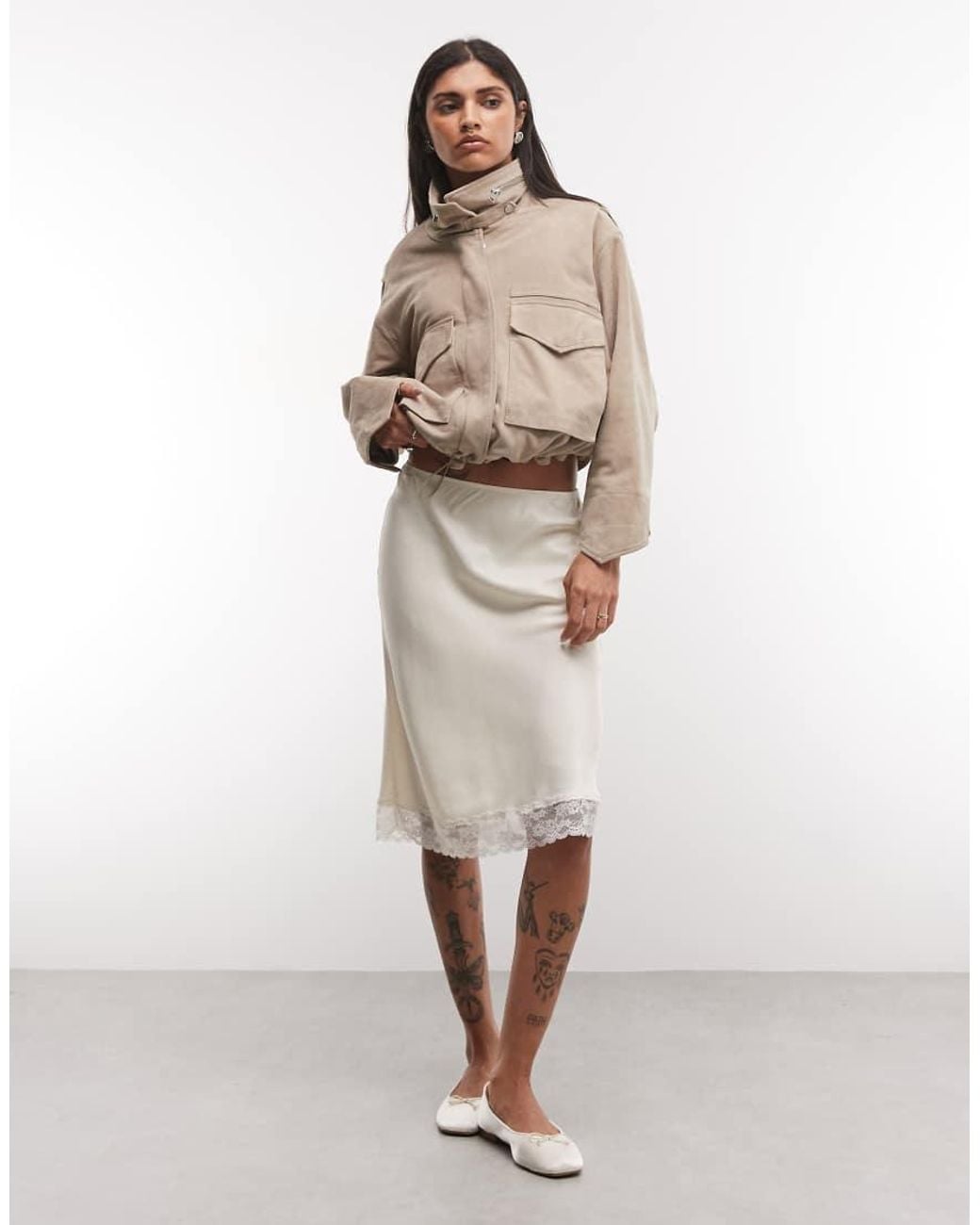 Reclaimed Vintage Natural Satin Awkward Length Skirt With Lace Trim
