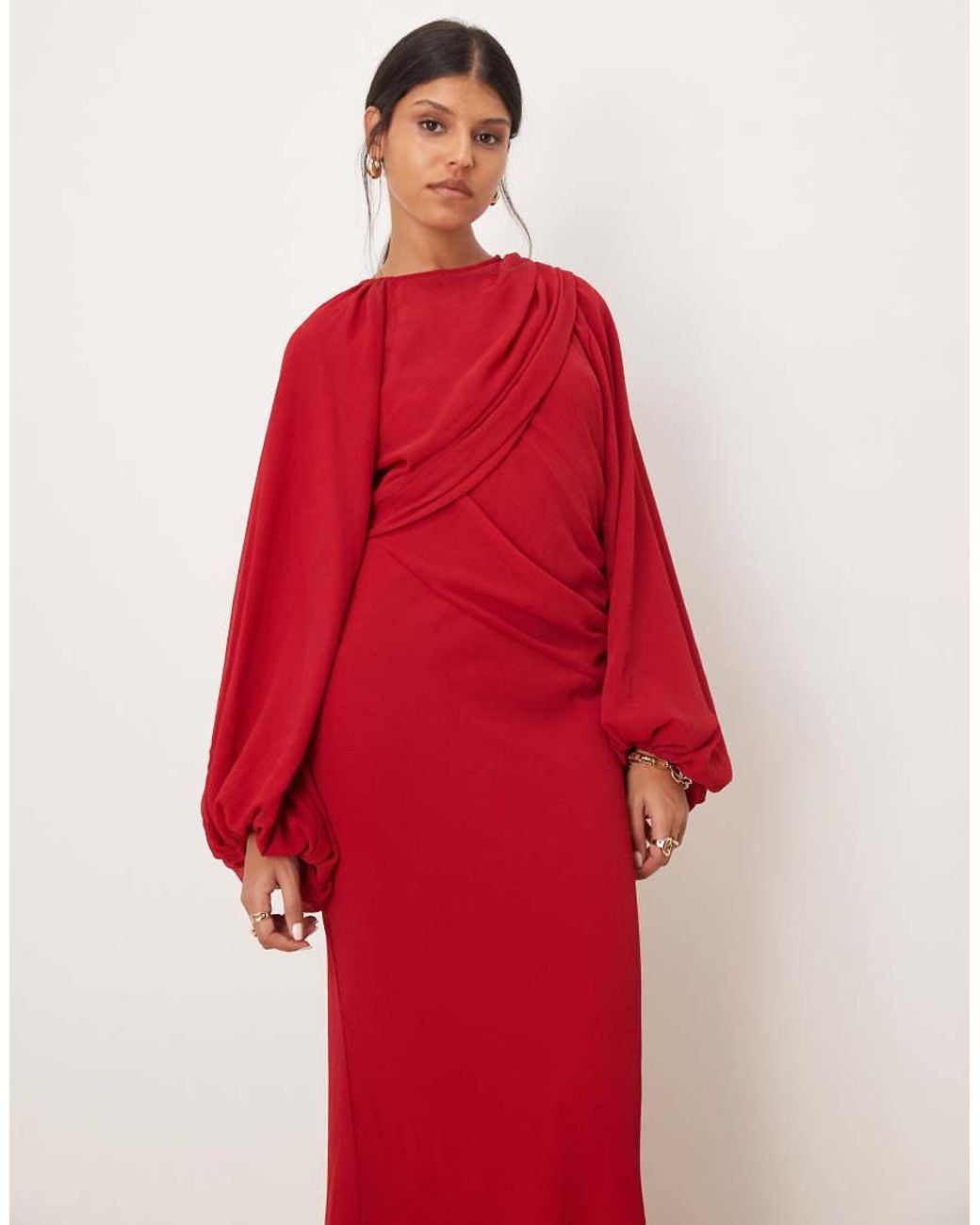 ASOS Red Drape Front Maxi Dress With Blouson Sleeves