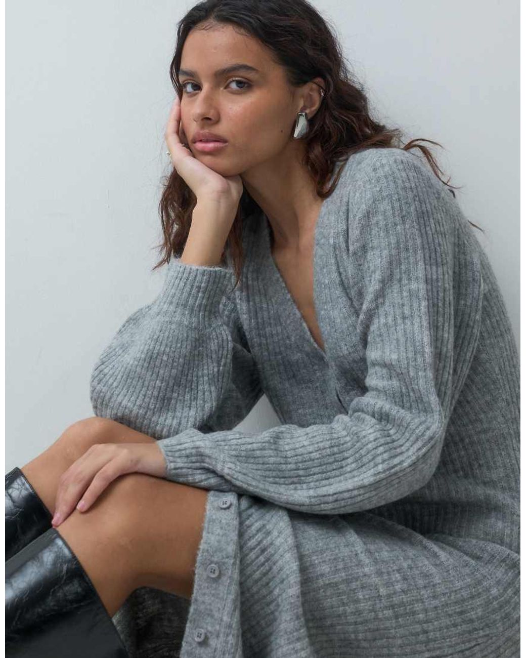 Pieces Blue Balloon Sleeve Button Front Knitted Dress
