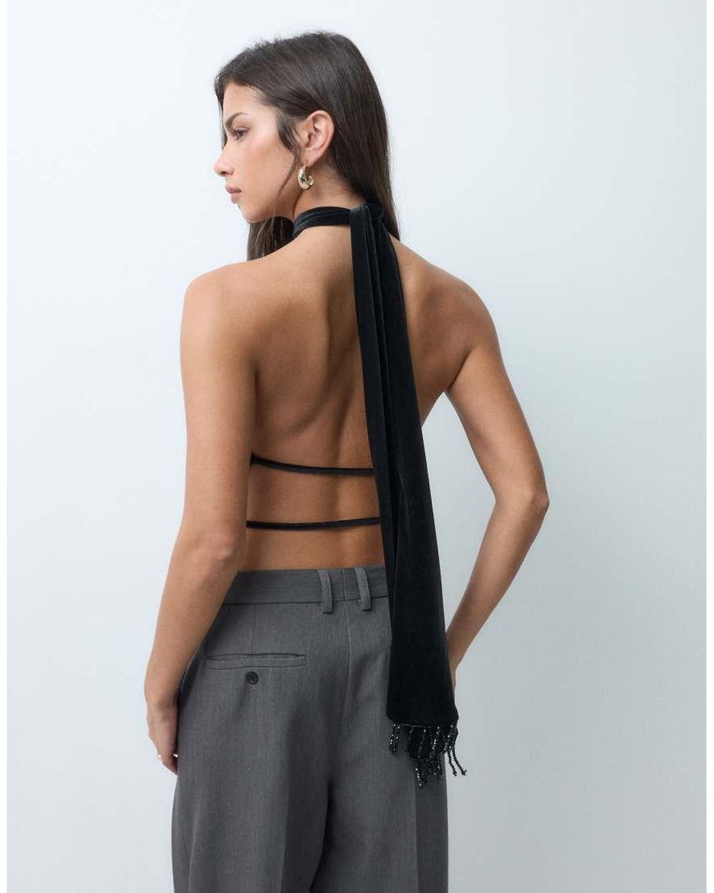 ASOS Black Velvet Fringed Halter Neck With Key Hole