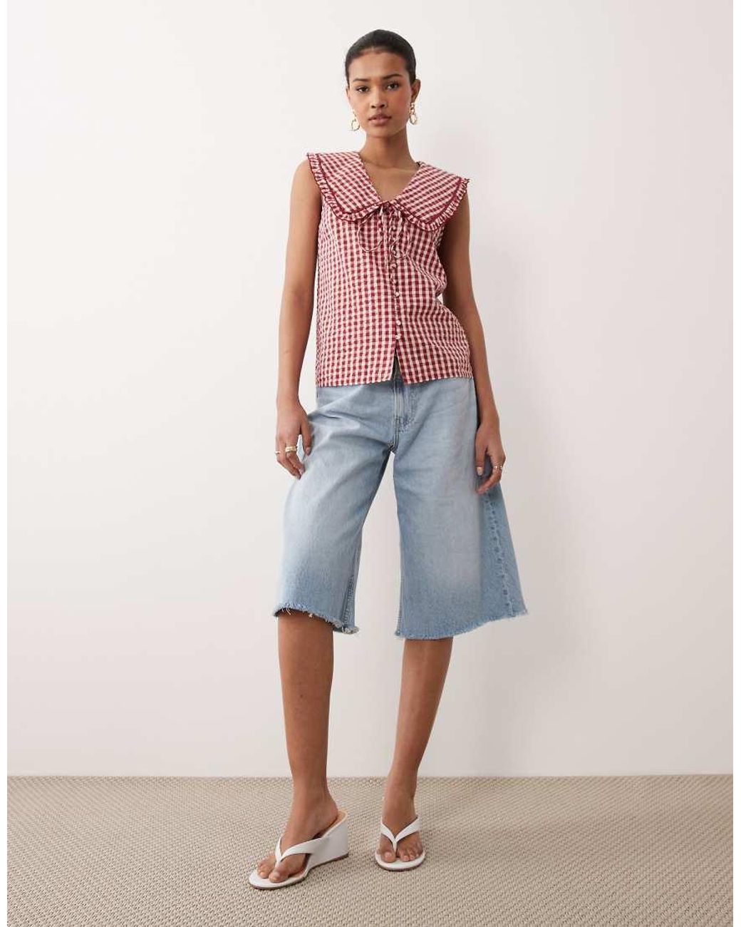 Nobody's Child Red Blair Cotton Gingham Blouse With Ruffle Collar