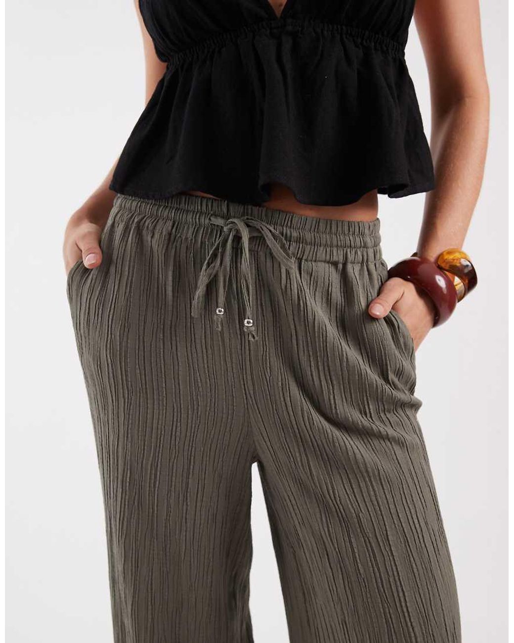 Only Petite Green Wide Leg Textured Trousers