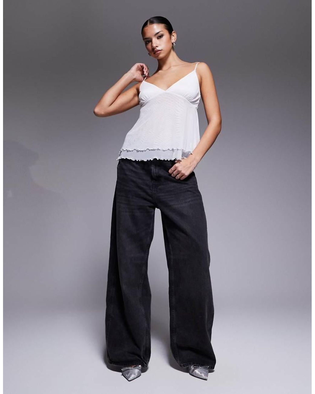 Fashionkilla Gray Exclusive Mesh Overlay Lettuce Edge Hem Cami Peplum Top