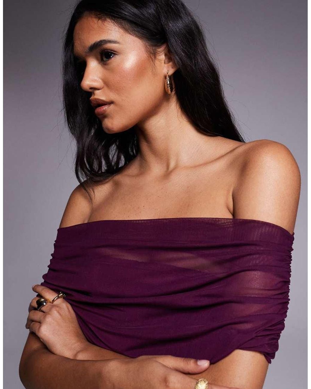 ASOS Purple Draped Shoulder Mesh Mini Dress With Ruching