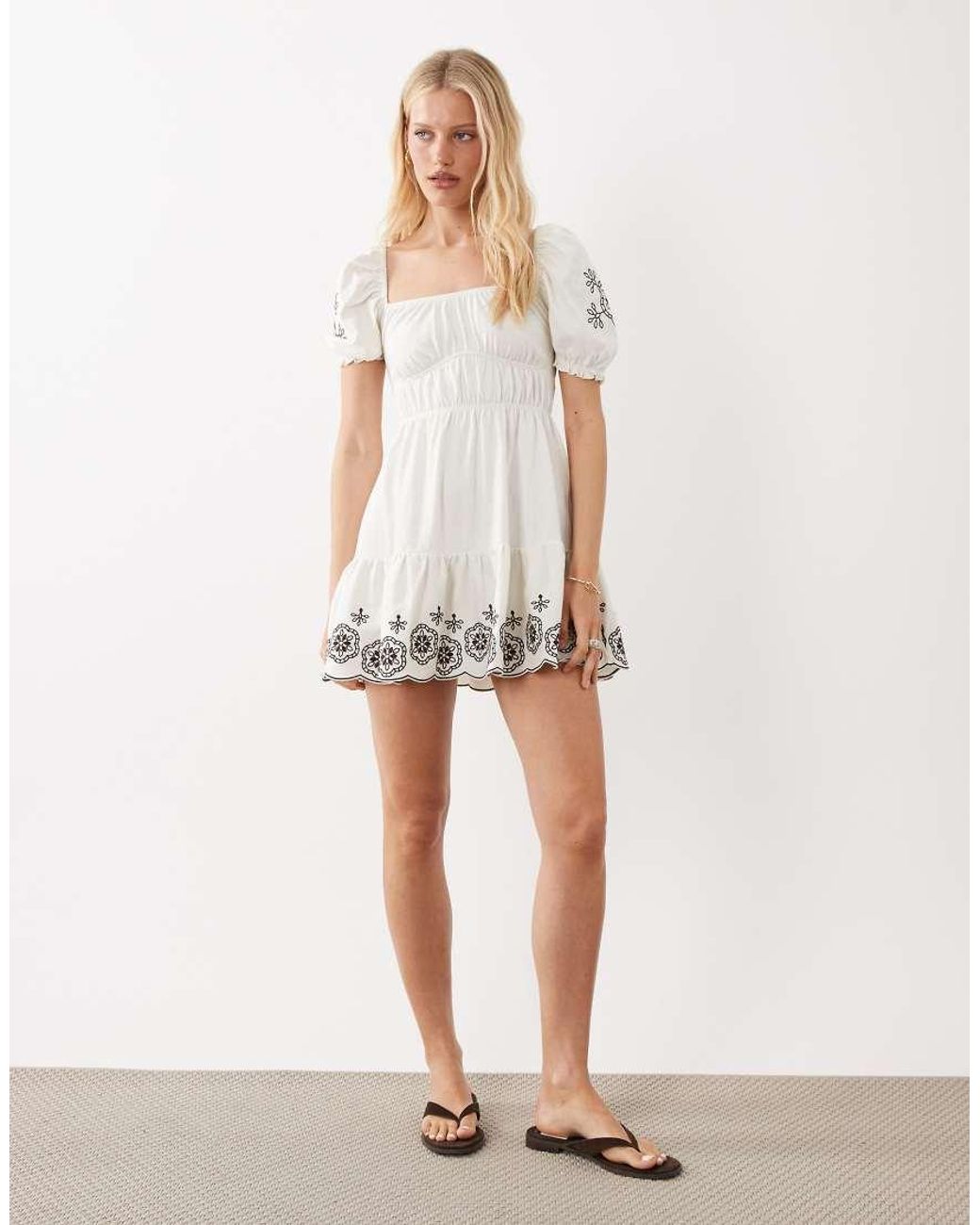 Miss Selfridge White Puff Sleeve Milkmaid Mini Dress With Embroidery