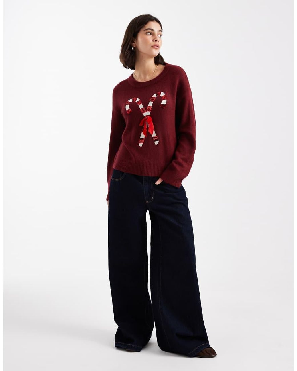 Brave Soul Red Oversized Christmas Jumper With Sequin Candy Cane Detail