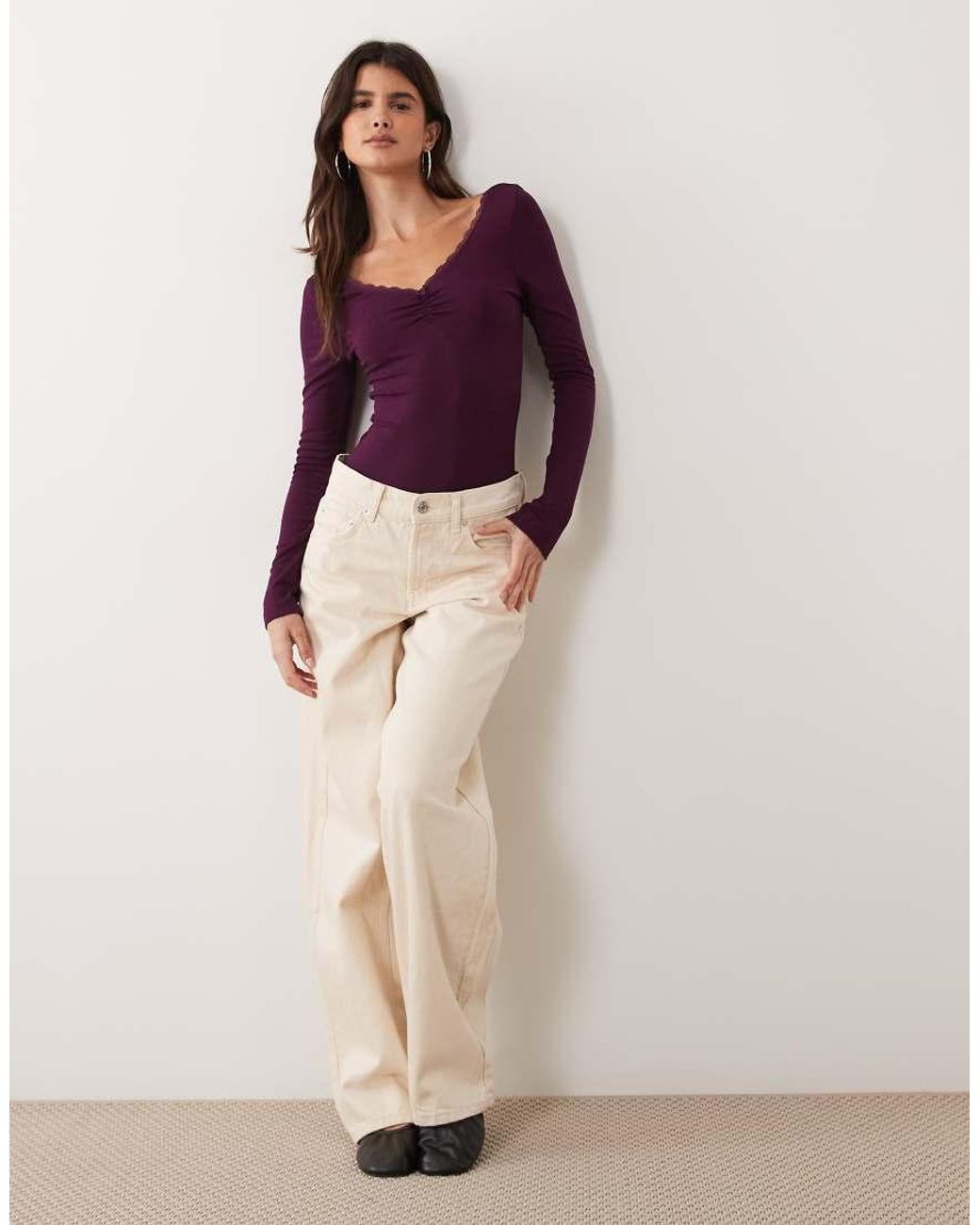 Miss Selfridge Purple Ruched V Neck Bodysuit With Lace Trim