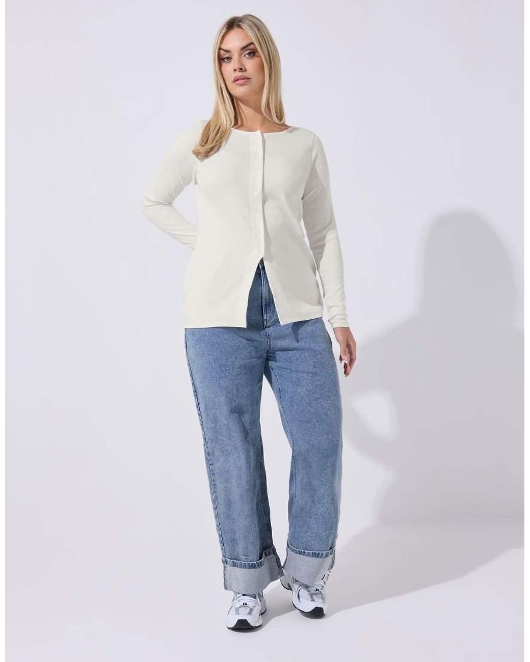 Yours Clothing White Long Sleeve Ribbed Top