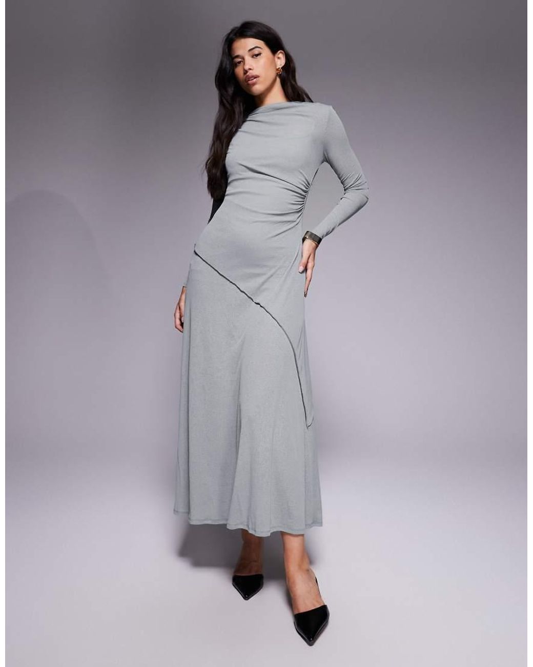 ASOS Purple Long Sleeve Drape Detail Maxi Dress