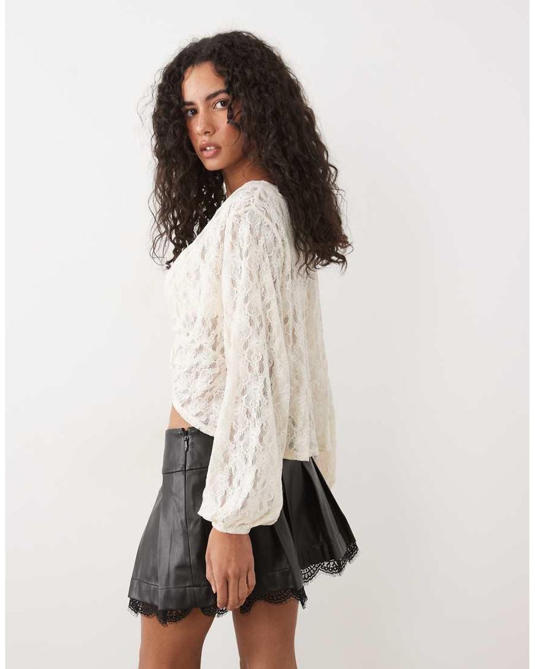 Miss Selfridge Gray Faux Leather Pleated Skirt With Lace Trim