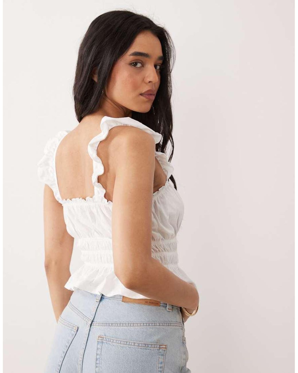Miss Selfridge White Shirred Top With Ruffle Sleeve