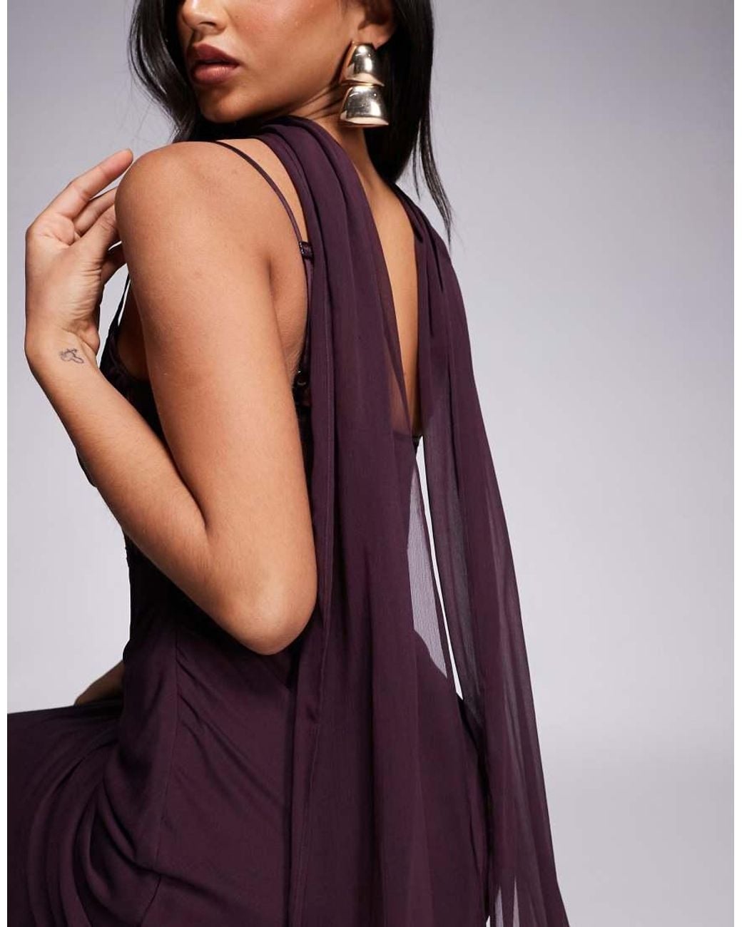 ASOS Purple Cami Satin And Lace Slip Midi Dress With Scarf Detail