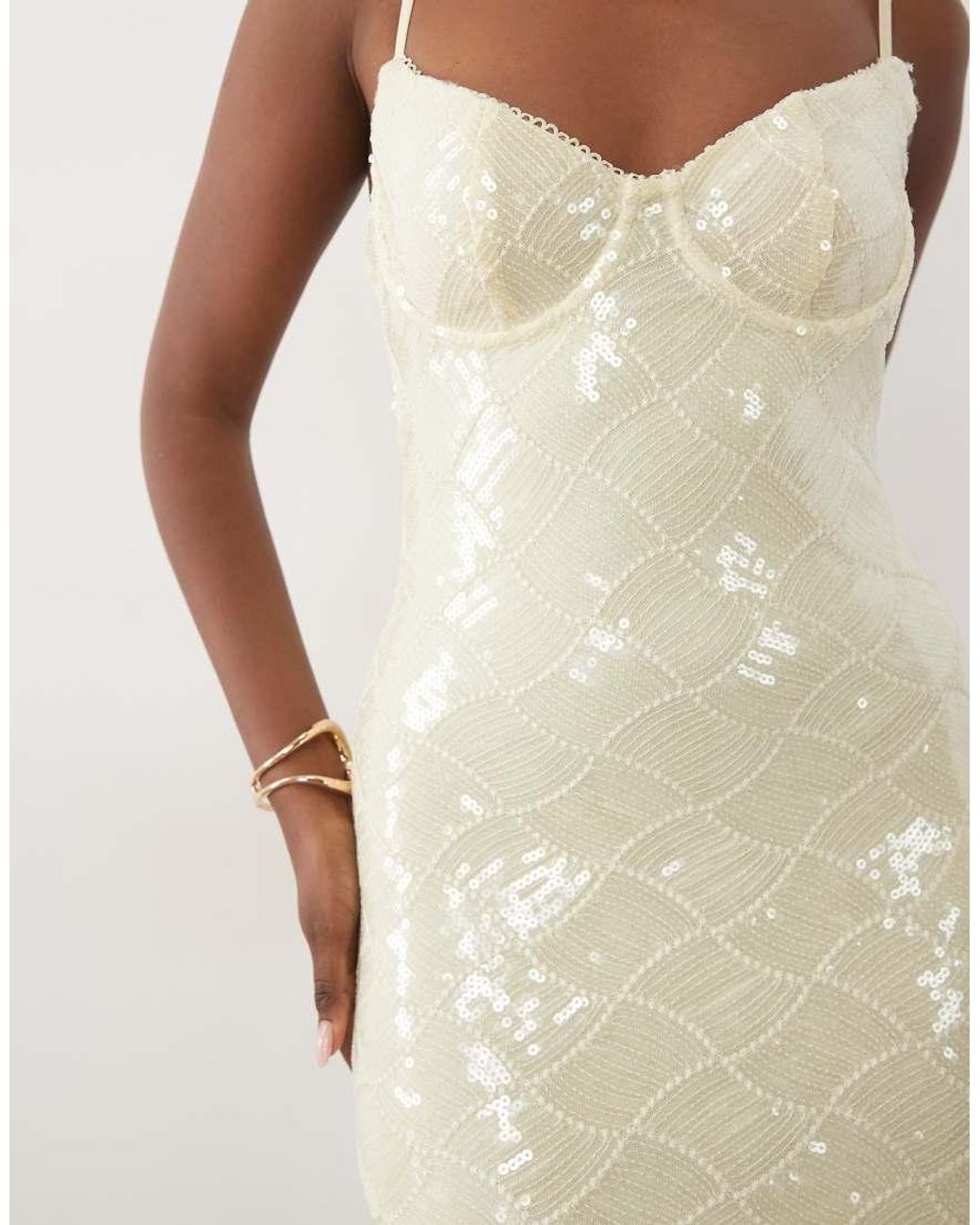 Wanderdoll White Rhea Cami Cup Detail Sequin Maxi Dress