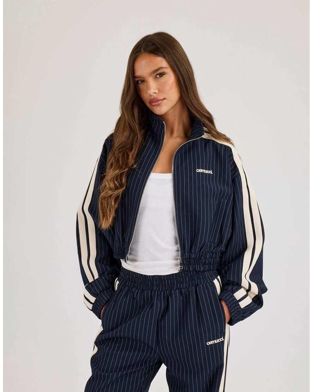 CERNUCCI Blue Pinstripe Taping Cropped Funnel Neck Jacket