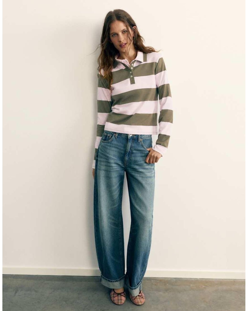 Pull&Bear Natural Long Sleeve Polo Shirt