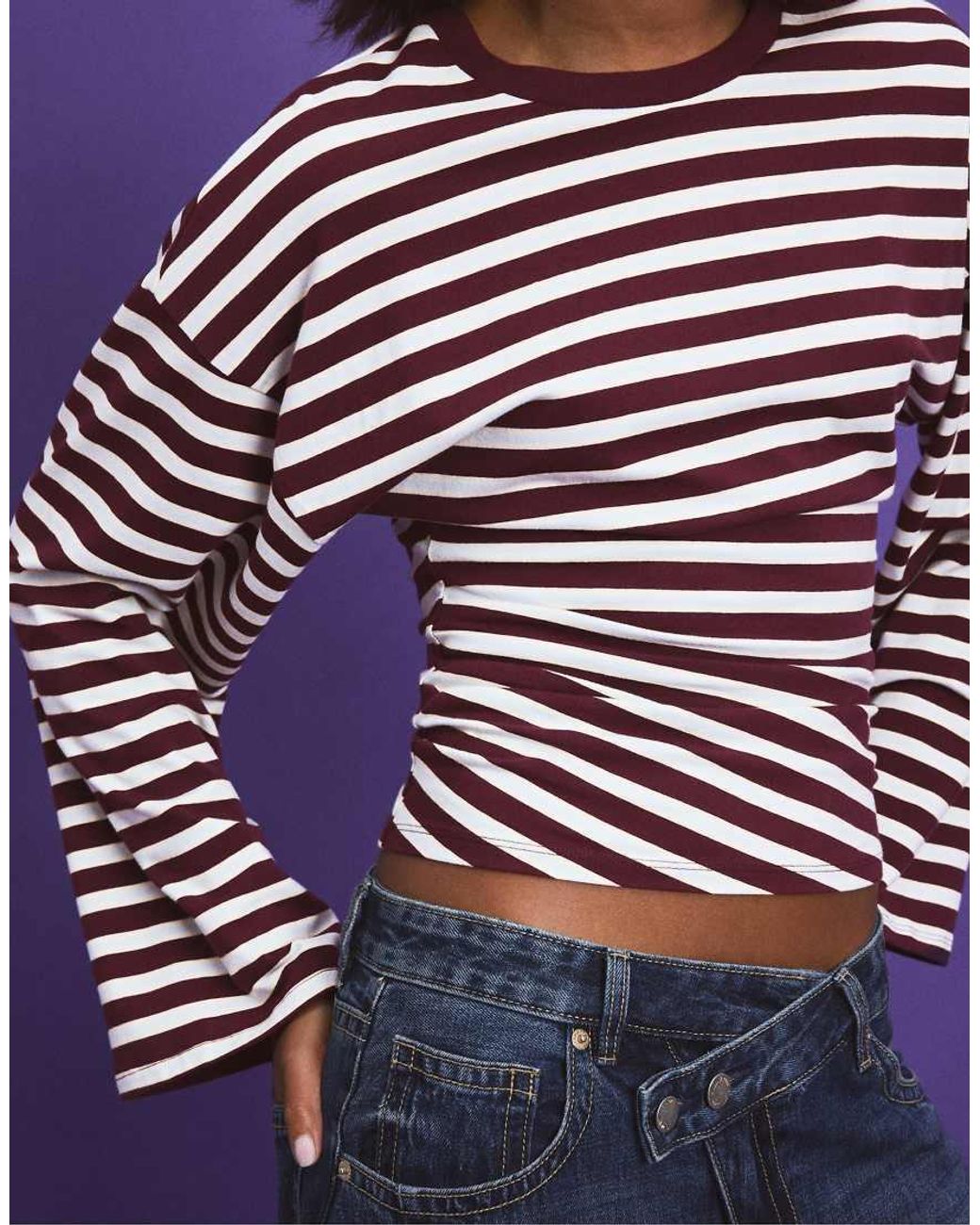 Stradivarius Purple Long Sleeve Striped T-shirt With Ruched Waist