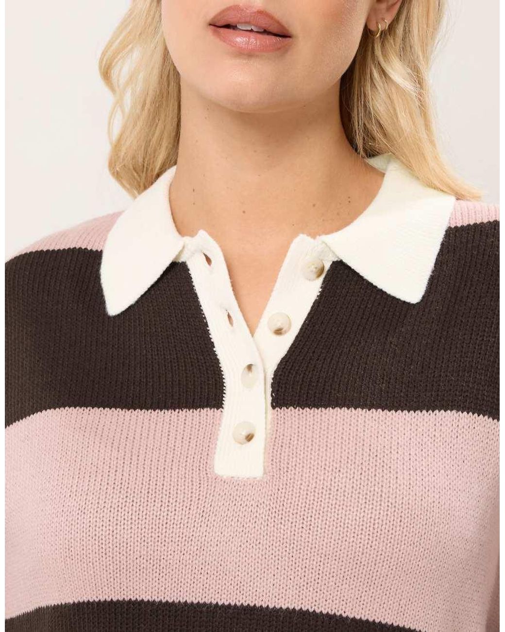 Yours Clothing Natural Striped Rugby Collar Jumper