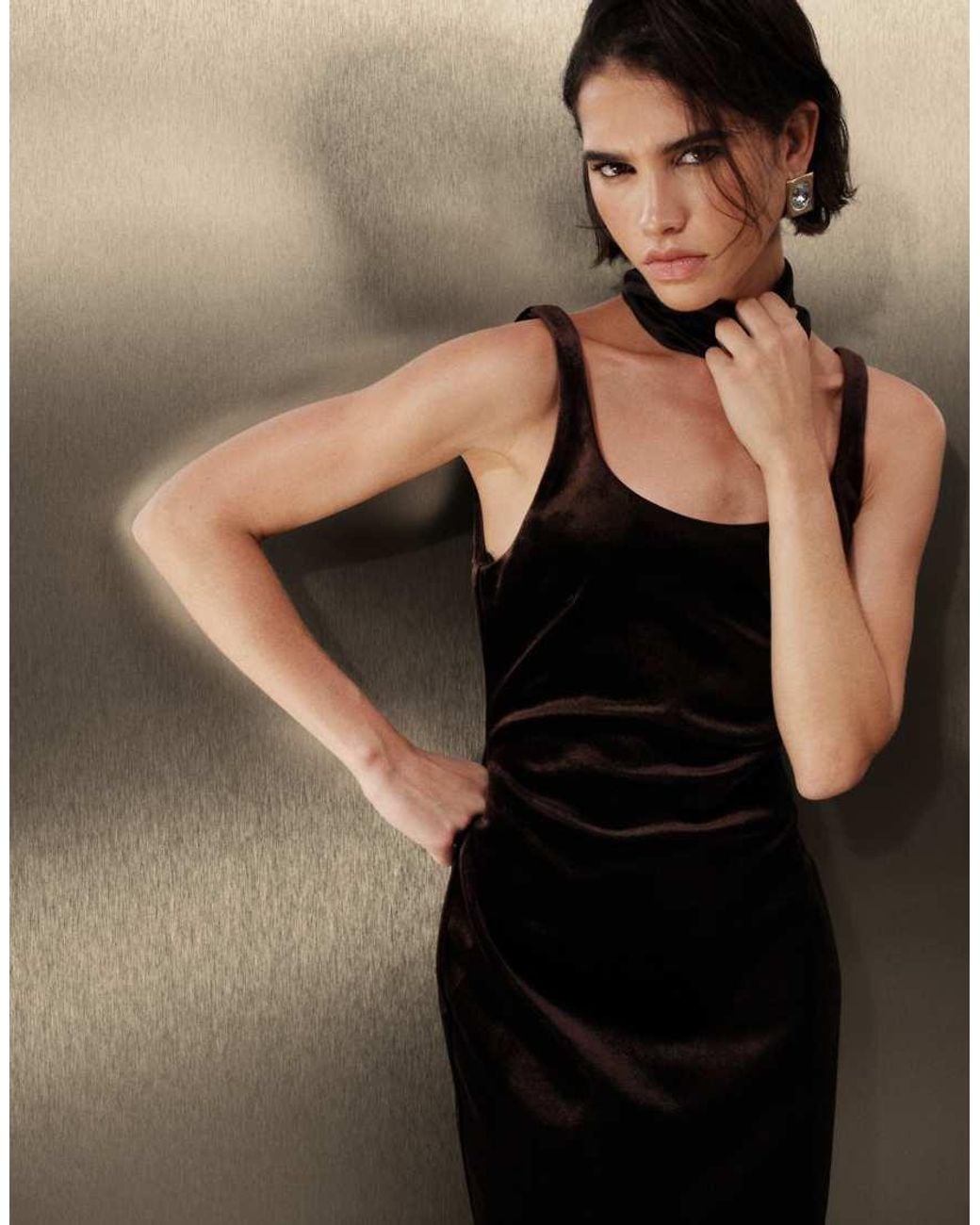 Pretty Lavish Brown Velvet Scoop Neck Scarf Detail Maxi Dress