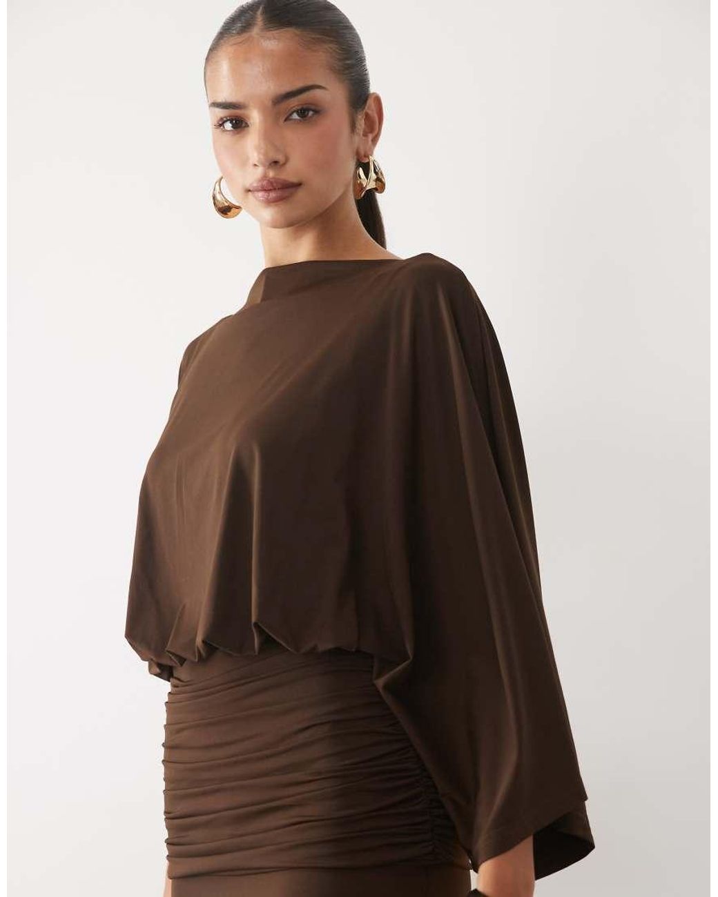 Pretty Lavish Brown Slinky Slash Neck Batwing Sleeve Draped Maxi Dress