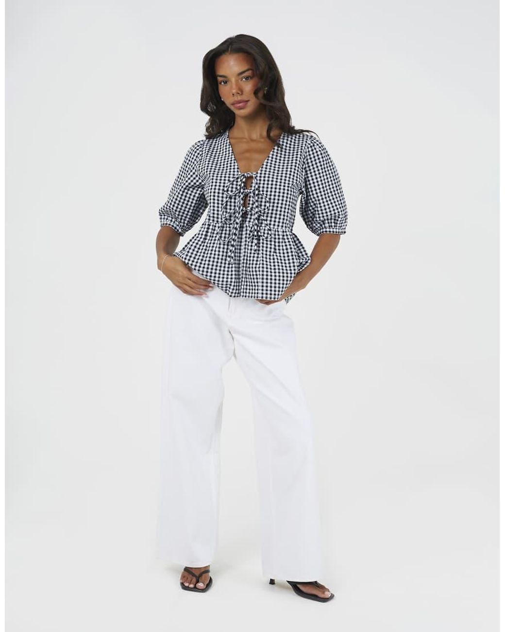 Brave Soul Blue Short Puff Sleeve Gingham Tie Front Blouse