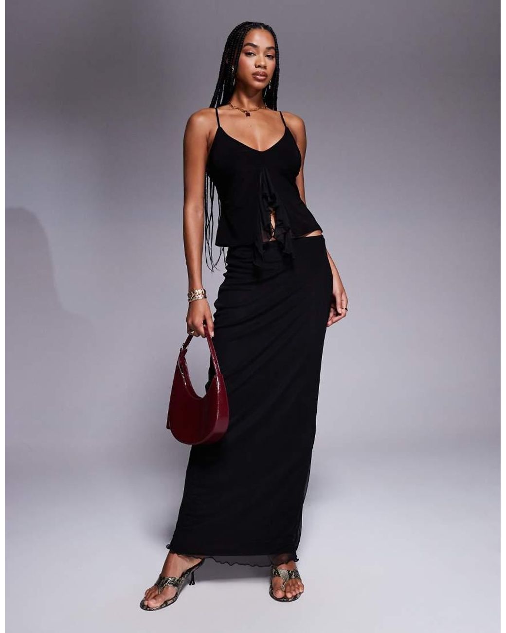 Fashionkilla Black Exclusive Double Sculpted Slinky Ruffle Front Mesh Overlay Top Co-ord
