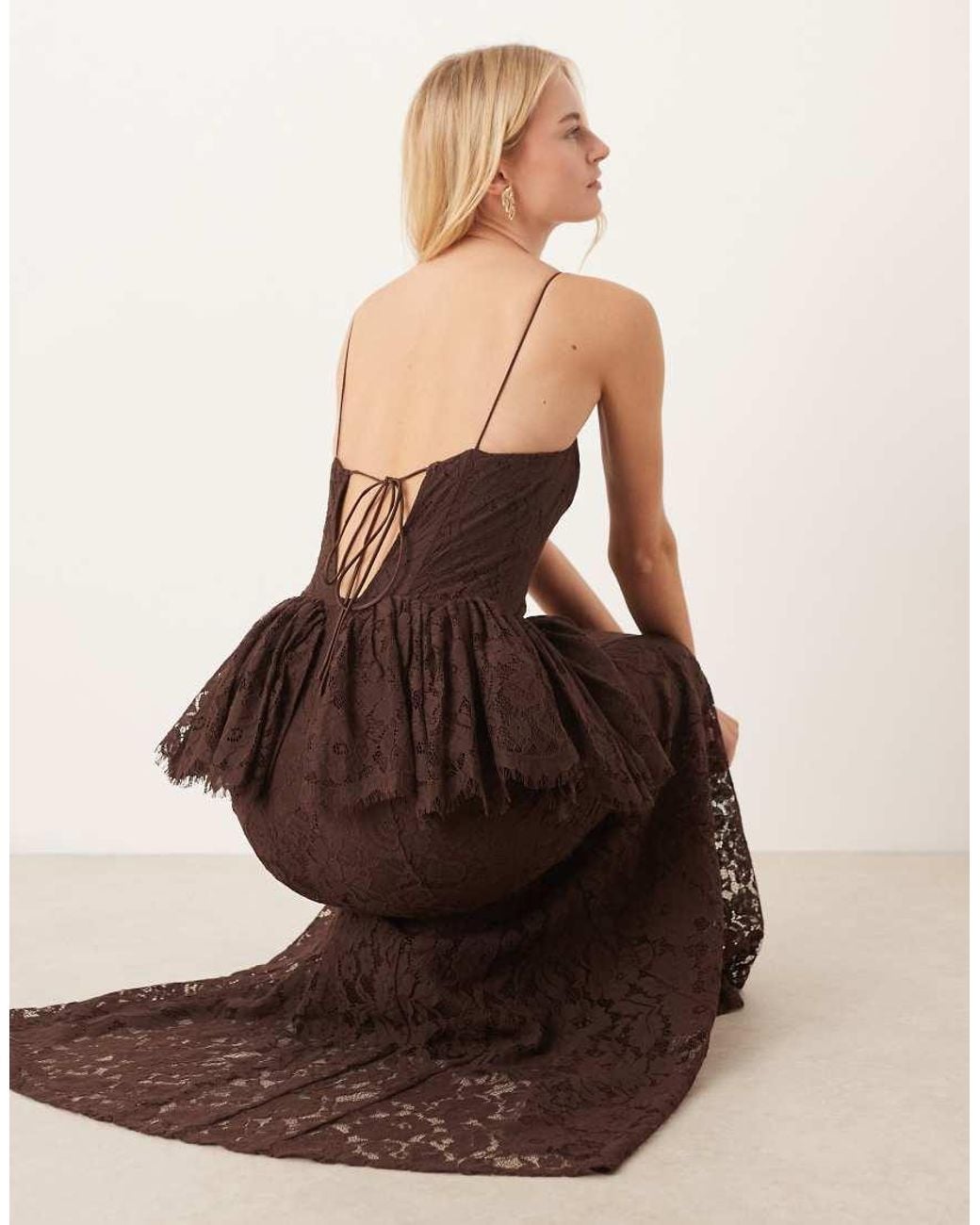 ASOS Brown Asos Design Tall Structured Lace Maxi Dress With Volume Godet Bodice