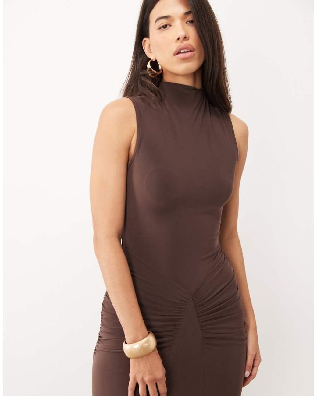 ASOS Brown High Neck Godet Detail Column Maxi Dress