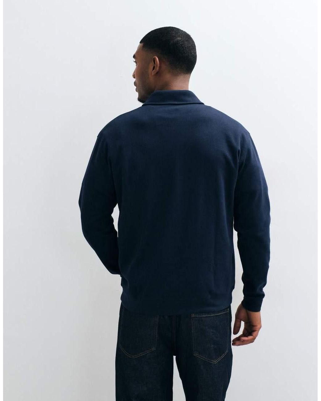 New Look Blue Textured Knit 1/4 Zip Polo for men